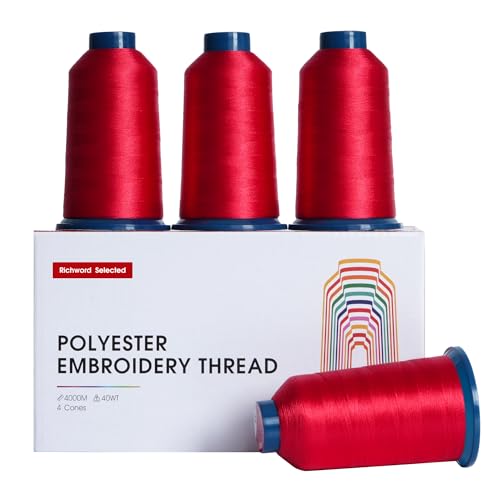 Image of Poolin Black and White Embroidery Thread Set - Richword Selected 4 Rolls, 40WT Polyester 4000M for Home & Commercial Embroidery Machines-4 Red