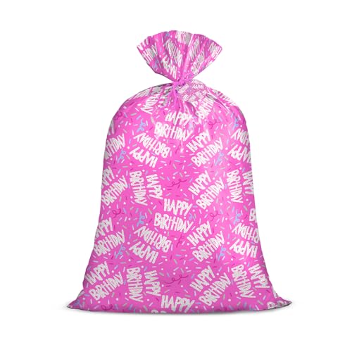 Loveinside Jumbo Large Plastic Gift Bag Pink Happy Birthday Design with Colorful Confetti Sprinkles Design Plastic Bag with Tag and Tie for Birthday Party Gifts and Celebration - 56 x 36 1 Pcs