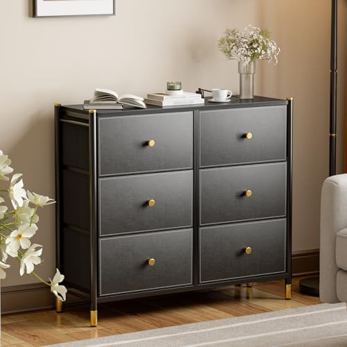 IKIFLY 収納 チェスト タンス 布製 洋服収納 箪笥 引き出し 衣裝ケース オシャレ たんす 洋服収納 リビング収納 寝室 木製天板 転倒防止 一人暮らし北欧風 3段6杯【幅88.5×奥行30×高さ76.3cm】 (ブラック)