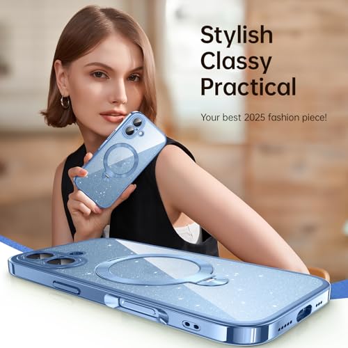 360° Spin CD Stand for iPhone 17 Case Compatible with Magsafe Ring [Never Yellow][DIY Glitter Cardstock] Camera Protection Plating Clear Cute Phone Case for Women Girls 6.3'', Mist Blue by Peerock - Image 7