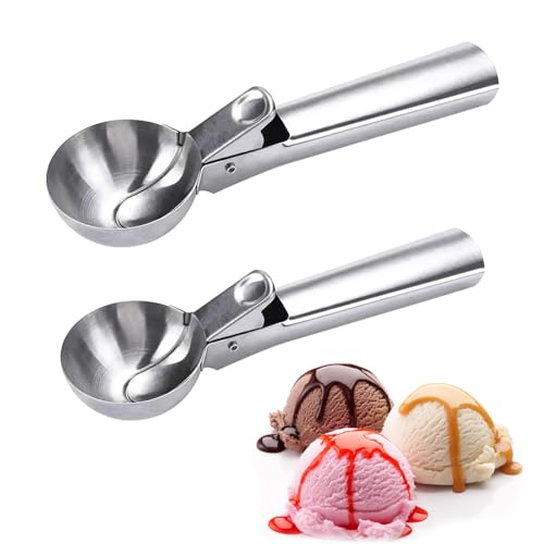 Lot de 2 cuillères à pommes de terre durables en acier inoxydable à déclenchement facile - Cuillère à glace ergonomique en métal - Pour fruits, pastèques