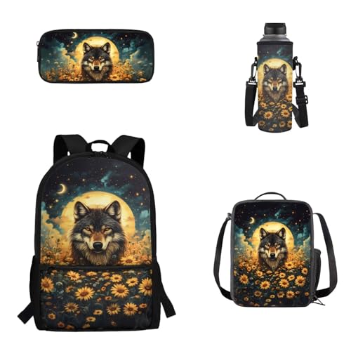 Wolf Sunflower Girls Backpack 4PCS Large Capacity Bookbags Set for Kids Elementary Middle, Travel Bag for Childs with Lunch Box Pencil Case Water Bottle Sleeve 17 Inch for Teens