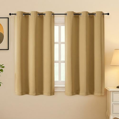 Image of Simplebrand Gold Room Darkening Curtains for Bedroom 45 Inches Long 2 Panels Set, Sunlight Blocking Curtains for Small Windows, Grommet Energy Saving Thermal Insulated Short Drapes, 40Wx45L