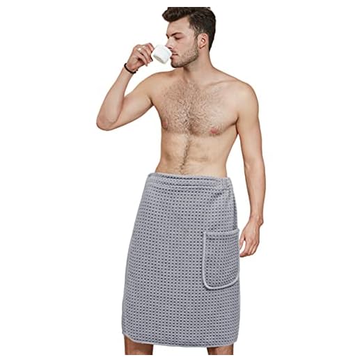 ProHomTex Men’s Bath Wrap, Microfiber Waffle Weave Absorbent Quick Dry Adjustable, One Size 20” x 58” (Grey)