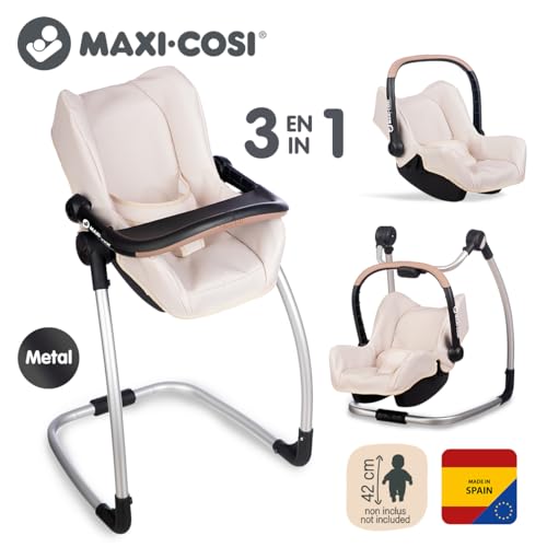 Smoby - Maxi-COSI - Siège et Chaise Haute Beige - pour Poupons Jusqu'à 42 cms - Jouet d'Imitation - Tablette, Balancelle, Siège Auto - A Partir de 3 Ans - Fabrication Espagnole