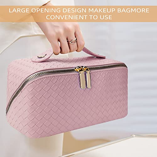 Yocetory Upgraded Travel Makeup Bag, Portable Flat Large Opening Troiletry Bag, Pu Leather Waterproof Makeup Bag, Roomy Cosmetic Bag For Women (Pink) #TOP2