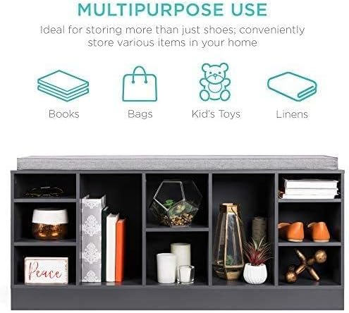 Best Choice Products 46in Multifunctional Space Saving Organization Storage Shoe Rack Bench for Entryway, Bedroom, Living Room w/Padded Seat, 10 Cubbies - Gray