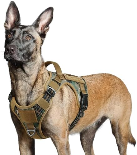 rabbitgoo Hundegeschirr Grosse Hunde Anti-Zug, L, Camouflage Braun | MOLLE-System, Heavy Duty, Sicherheitsschnallen, Weiche Polsterung, 2 D-Ringe, Reflektierend für Taktisches Hund