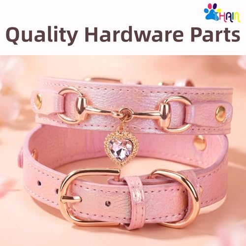 THAIN Fashion Dog Collar with Bling Diamonds & Heart Charm – 5 Holes Adjustable PU Leather Rhinestones Necklace Collar, Gold Buckle for Medium Dogs Girl (Pink, M) by THAIN - Image 4