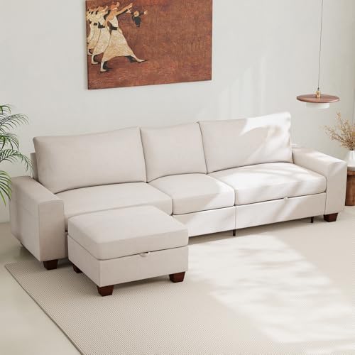 Image of Couchus 112 inch Convertible Storage Sectional Sofa,L Shaped Couch with Storage Ottoman,Multi-Functional Reversible Sofa with Huge Storage Space, Breathable Fabric (Beige)
