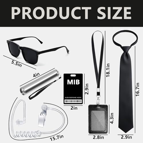 Asekonc Agent Costume Secret Service Costume Set, Spy Kit Accessories for Men & Women, Black Noir Detective Outfit with Sunglasses, Tie, Earpiece ID Badge for Halloween Party Dress Up
