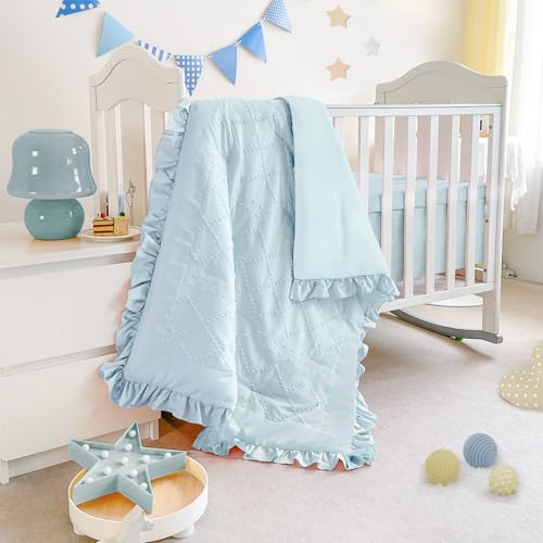 Wowelife Baby Crib Bedding Set for Girls, 3 Piece Boho Crib Comforter Set Ruffle, Baby Boy Crib Bedding Set Nursery Blanket Set Neutral Include Quilted Comforter, Crib Skirt and Sheet, Blue
