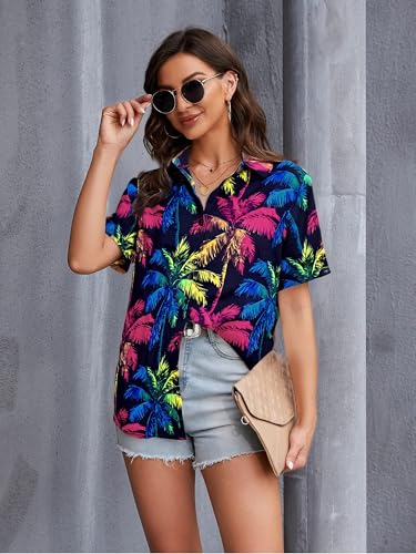 Hawaiian Shirts for Women Tropic Plam Tree Print Tees Beach Hawaii Tshirts Button Up Tee Tops Summer Vacation Short Sleeves2