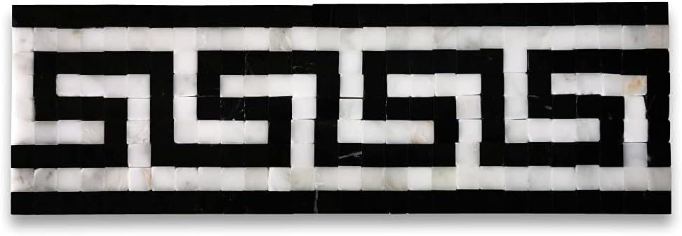 Stone Center Online Greek Key Carrara White Nero Marquina Black 3.5x11 Marble Mosaic Border Listello Tile Polished Kitchen Bath Wall Floor Backsplash Shower 1 Piece