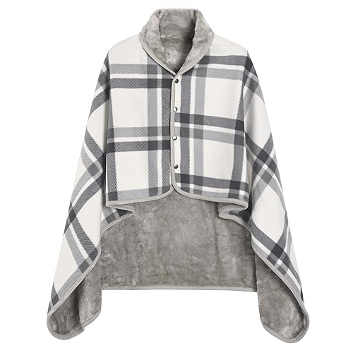 Vijamiy Poncho Donna Invernale,Mantella Pile Donna Casa Caldo Scialle con Bottoni Wrap Cape,Flanella Maglia Pile Stare al Riscaldante in Inverno M、L(Grigio,L)