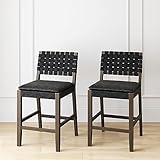 Nathan James Cohen Mid-Century Modern Leather Bar Stool, Counter Height Chair in Solid Wood Frame with Footrest and Woven Leather Back for Kitchen, Black, Set of 2