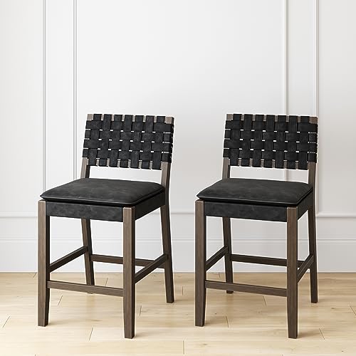 Image of Nathan James Cohen Mid-Century Modern Suede Bar Stool, Counter Height Chair in Solid Wood Frame with Footrest and Woven Suede Back for Kitchen, Black, Set of 2