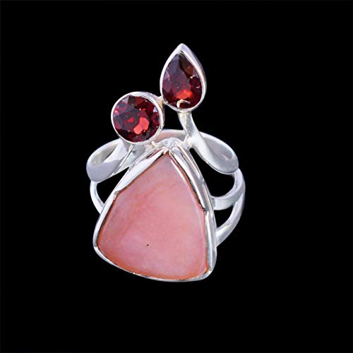 Bague en argent 925 opale rose et grenat faite main d'exception - 4