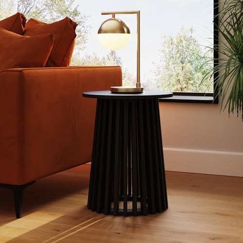 Image of GFW Kaleb Side Table with Slatted Base, Round Accent Table in Walnut or Black Finish for Living Room or Bedroom