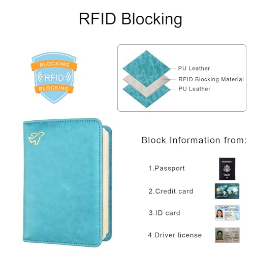 Image of WALNEW Passport Holder for Travel, RFID Passport Cover Wallet for Women Men, PU Leather Passport Book Card Holder Case with Pen (Elastic Band Closure, C-Blue)
