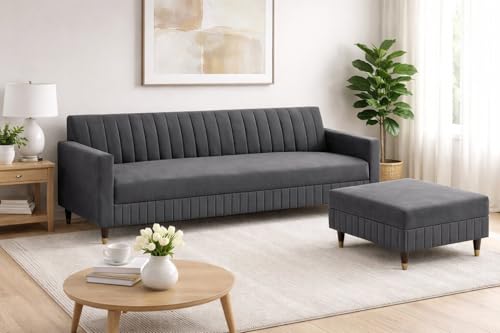 Image of Wooden L Shape Sofa 4 Seater with Ottoman | Velvet Fabric Upholstery | Modern Sectional Wooden Frame Couch for Living Room, Home & Office (Grey)