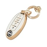 UHONSN for Nissan Key Fob Cover 4 Button Remote Start Soft TPU Keys Protector Chain Cute Car Accessories Smart Keyless Case Girly White Gold