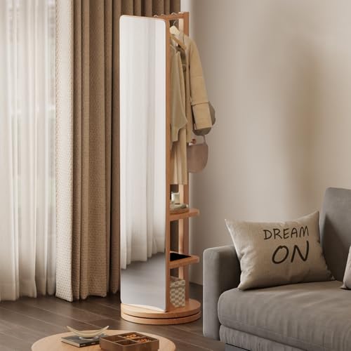 Image of WoodsWhisper Full Length Mirror Coat Rack Solid Wood Floor Mirror 66 inchx12 inch Full Length Mirror with Stand Long Mirrors for Bedroom,Living Room (Natural, 66 inch Lx12 W)