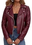 Ommiivex Women Faux Jacket Leather Cropped Bomber Coat 2025 Fall Winter 2026 Spring Outfit lady Fashion Pleather Clothes Fake Suede Cute Zip Up Casual Short Vintage Going Out Maroon