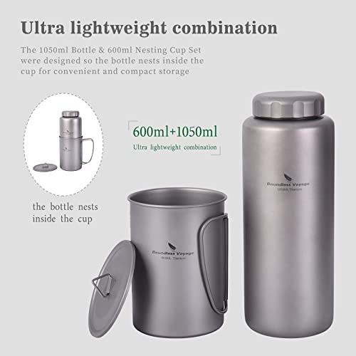 iBasingo 1050ml Titanium Bottle with 600ml Nesting Cup Outdoor Camping Single Layer Wide Mouth Cookware Lightweight Portable Bottle Mug Set Hiking Picnic Solo Cooking Mess Kit Ti3007D by iBasingo - Image 2