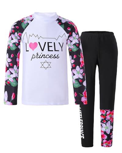 Trsenvrml Traje de baño para niñas, conjunto de traje de baño de dos piezas con protección solar UPF 50+, traje de baño floral de manga larga, Camiseta de protección blanca, 9-10 años