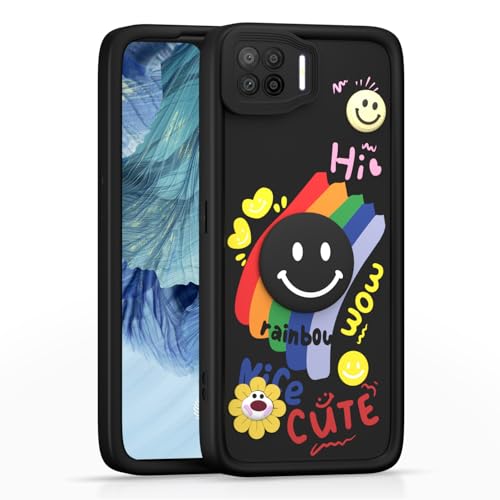 Image of Pikkme Back Cover for Oppo F17 | Soft Silicone| Cute Rainbow Smile & 3D Cartoon Flower Design | Shockproof Raised Camera Protection Bumper Case (Black)
