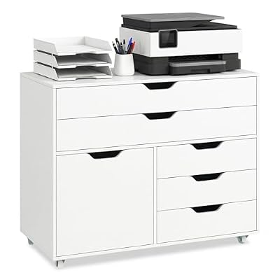 DREAMADE File Cabinet, Rolling File Cabinet with 5 Drawers, Door & Lockable Metal Wheels, Mobile Filing Cabinet with Storage, Wood Printer Stand for Home Office Study (White)