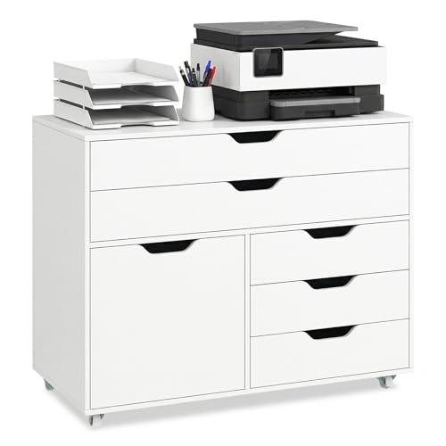 DREAMADE File Cabinet, Rolling File Cabinet with 5 Drawers, Door & Lockable Metal Wheels, Mobile Filing Cabinet with Storage, Wood Printer Stand for Home Office Study (White)