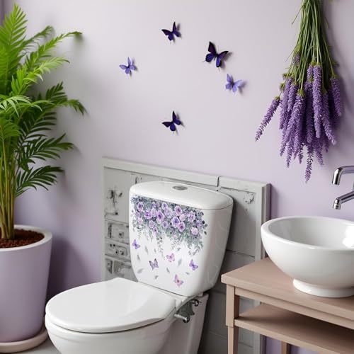Botanische Badezimmer-Aufkleber mit violetten Rosen, wasserdicht, entfernbar, für WC-Deckeldekoration, Blumen-Schmetterling, Heim-Upgrade, mietfreundliche Klebekunst (8,9 x 8,9 cm)