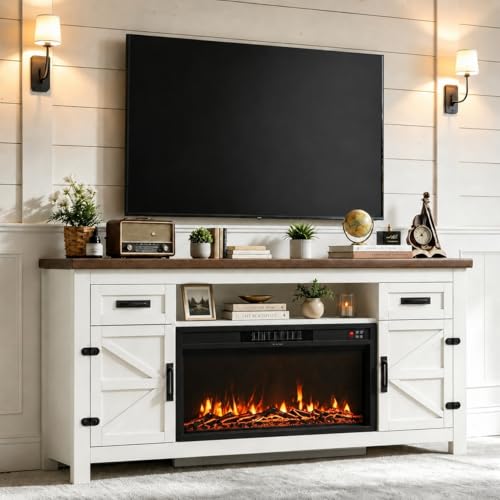 Nordivale Fireplace TV Stand with Barn Door for TVs up to 80", Farmhouse Fireplace Entertainment Center with Storage Cabinets, 70 inch, White & Black