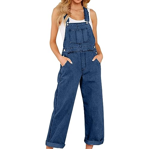 2024 Mono Vaquero Peto Mujer Jumpsuit Moda Casual Jeans Denim Deporte Mezclillas Pantalones Largo Color Sólido Peto Pierna Ancha Rompers Fiesta Suelto Camiseta sin manga Cómodo verano primavera