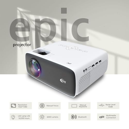 Image of OTEK Epic Native Full HD 1080P Projector for Office & Classroom, 4K Support, 6000 Lumens, Bluetooth 5.3, Dual HDMI USB, 210 Inch Display, Wired Non-Smart