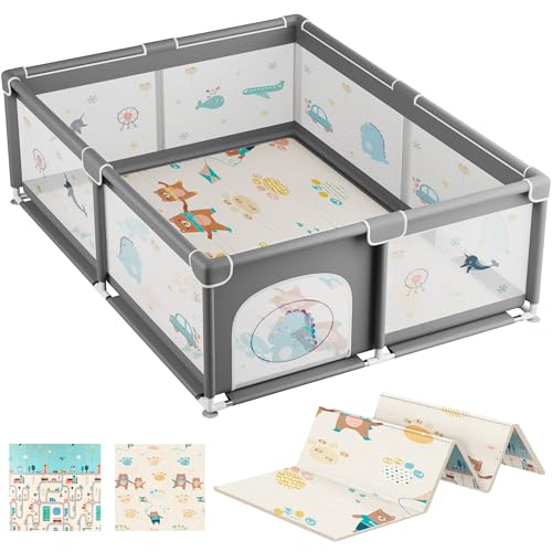 JUPPLIES Parque Infantil Bebe 150x180cm + Alfombra Bebe – Corralito Bebe con Malla Transpirable – Parque de Juegos Bebe Plegable con Puerta Lateral – Playpen Bebe - Gris