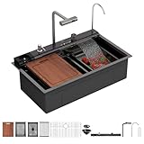 Sarlai Waterfall Kitchen Sink - 33 Inch Drop In Workstation Sink With Waterfall Black Stainless Steel 16 Gauge Multifunction Single Bowl Smart Top Mount Kitchen Sinks with Mechanical Keys 33x19 Inch