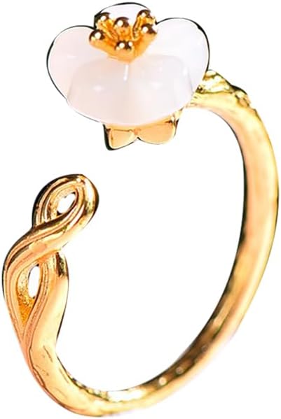 S925 Silver-Inlaid Natural White Jade Flower Ring Opening Adjustable Including Certificate