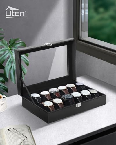 Image of Uten Watch Boxes 12 Slots, Watch Box for Men, Watch Display Case, Watch Storage Box with Removable Cushion, Metal Clasp, PU Leather, Black