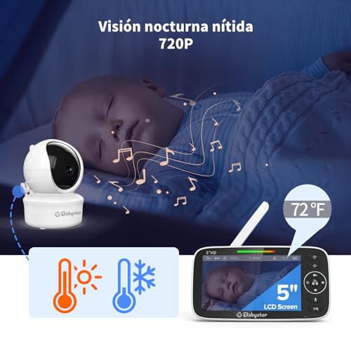 Babystar Vigilador para bebés com câmara de 5 polegadas 720P, HD monitor para bebés sem WiFi com câmara e áudio, bateria de 4000 mAh, monitor de bebé, função Vox, sensor de temperatura, visão noturna
