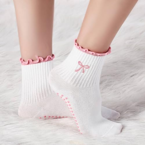 Image of Jeyiour Summer Cute Pilates Socks Women Bow Nonslip Ruffle Yoga Socks with Grip Barre Pilates Gift for Work Dance Fitness