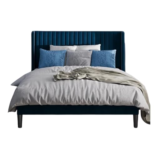 Image of Metal Upholstered Bed Queen Size Without Storage | Wooden Queen Size Cot with Headboard | Double Size Bed for Bedroom | Palang Furniture for Guest Room & Hotels, Blue, (Blue)