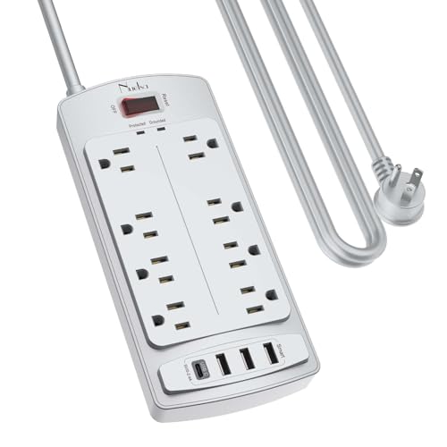 Image of Surge Protector Power Strip - Nuetsa Flat Plug Extension Cord with 8 Outlets and 4 USB Ports, 10 Feet Power Cord, 2700 Joules, ETL Listed, Grey