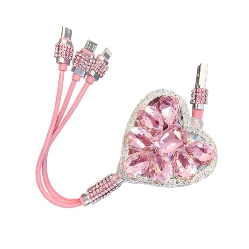 Image of YAWUROU Multi Charging Cable, Bling Rhinestone Heart Shaped Multi Charger Cable, 3 in 1 Phone Charger Cord with Type C Micro Lightning USB Connectors, Compatible with Most Phone Models (Pink)