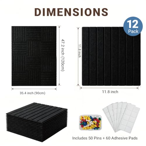 Felt Bulletin Board for Wall Decor 48" * 36”, 12 Pack Bulletin Cork Board for Classroom, Office Decor, Home, Pin Boards Tiles Alternative with 60 Adhesive Tabs & 50 Pushpins (Black) - FURRELOR — view 2