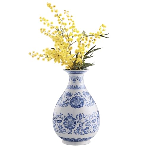 Navaris Jarron Ceramica Diseño Chino - Jarrones Decorativos de Cerámica de Porcelana - Jarrones en Blanco y Azul 16 x 25 cm - Jarrones para Flores Frescas y Secas - Idea Regalo