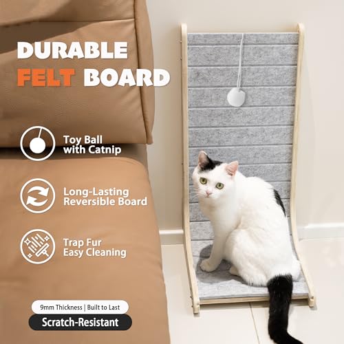 PETKARAY Felt Cat Scratcher, Vertical Cat Scratching Pad, Scratch Resistant Couch Carpet Scratcher, Slot-Free Scratch Board with Toy Ball, Light Grey by PETKARAY - Image 3