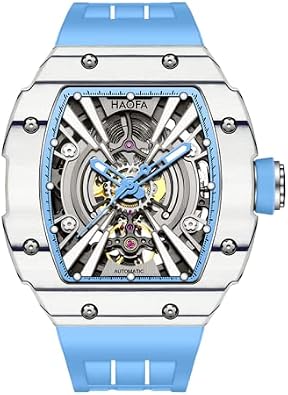Haofa Automatic Mechanical Watch for Men Self-Wind Skeleton Wrist Watches Carbon Fiber Bezel Waterproof Sapphire Luminous Business Sport Mens Watch with Rubber Strap 1906